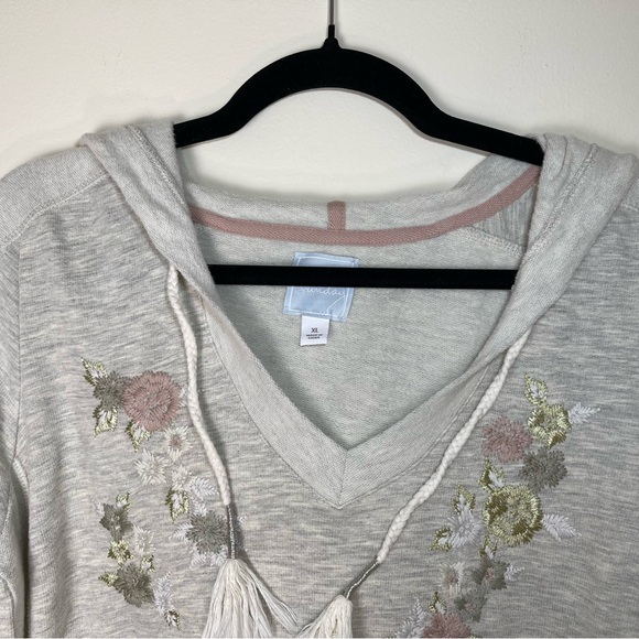 Dressbarn Sunday | Oatmeal V-Neck Hooded Sweatshirt With Floral Embroidery | XL - Picture 3 of 12